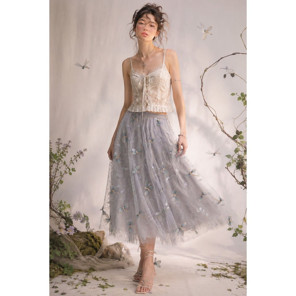 Dragonfly Embroidered Tulle Mesh Midi Skirt S Gray Whimsical Fairycore Ethereal